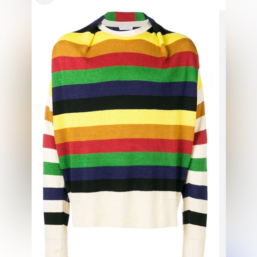 JW Anderson Colorful Striped Linen Crew Neck Sweater with Pleated Neck Detail.